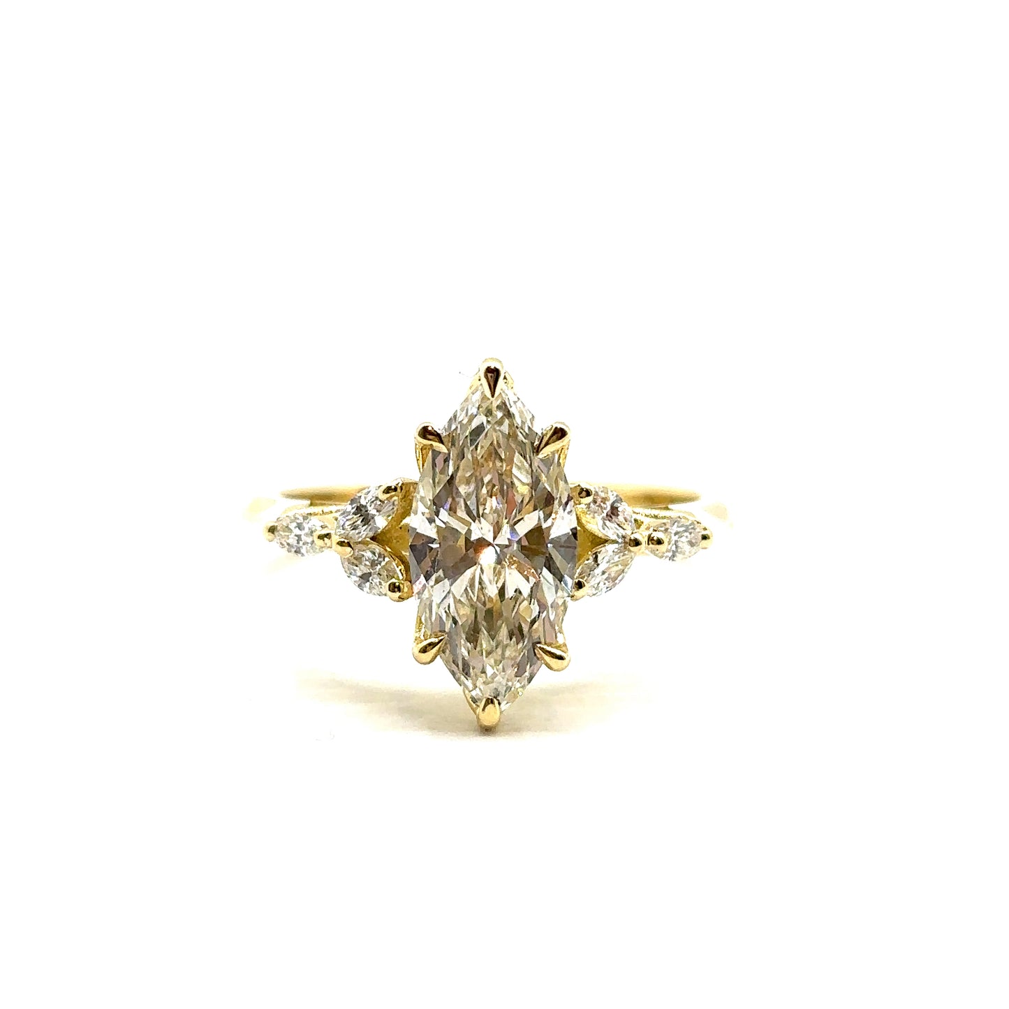 Bespoke Marquise Cut Diamond Engagement Ring 18ct Yellow Gold with 6 marquise side stones and a peridot set in the shank