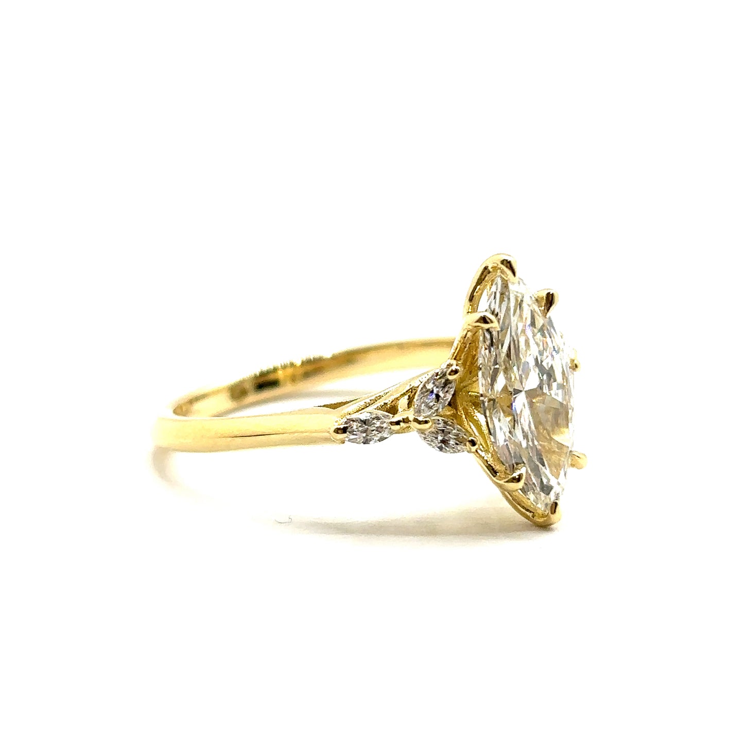 Bespoke Marquise Cut Diamond Engagement Ring 18ct Yellow Gold with 6 marquise side stones and a peridot set in the shank