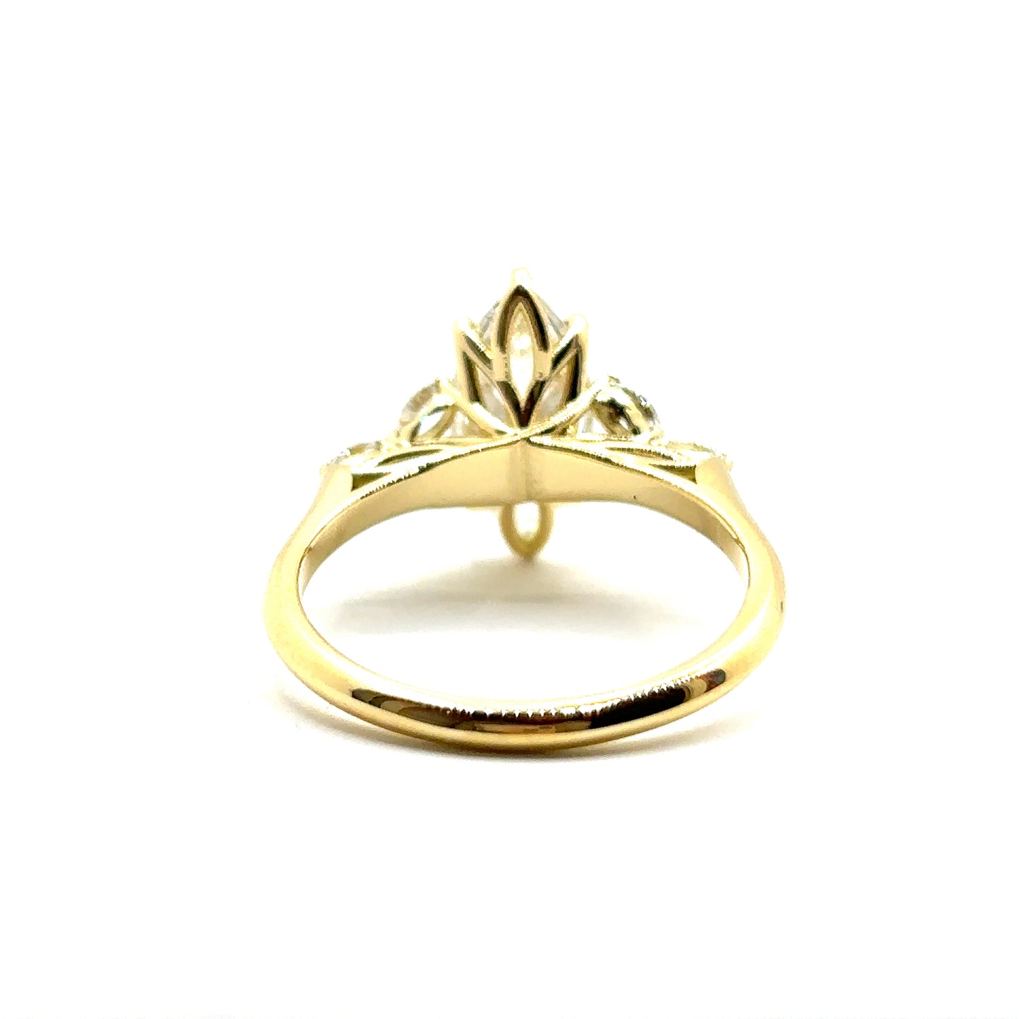 Bespoke Marquise Cut Diamond Engagement Ring 18ct Yellow Gold with 6 marquise side stones and a peridot set in the shank