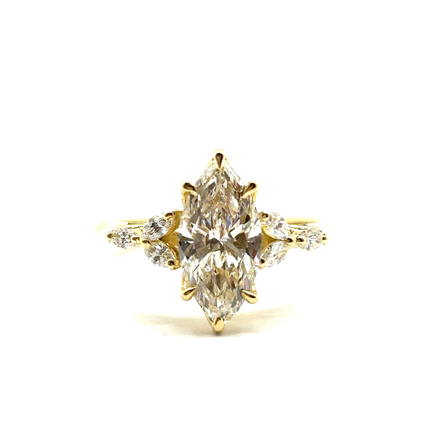 Bespoke Marquise Cut Diamond Engagement Ring 18ct Yellow Gold with 6 marquise side stones and a peridot set in the shank