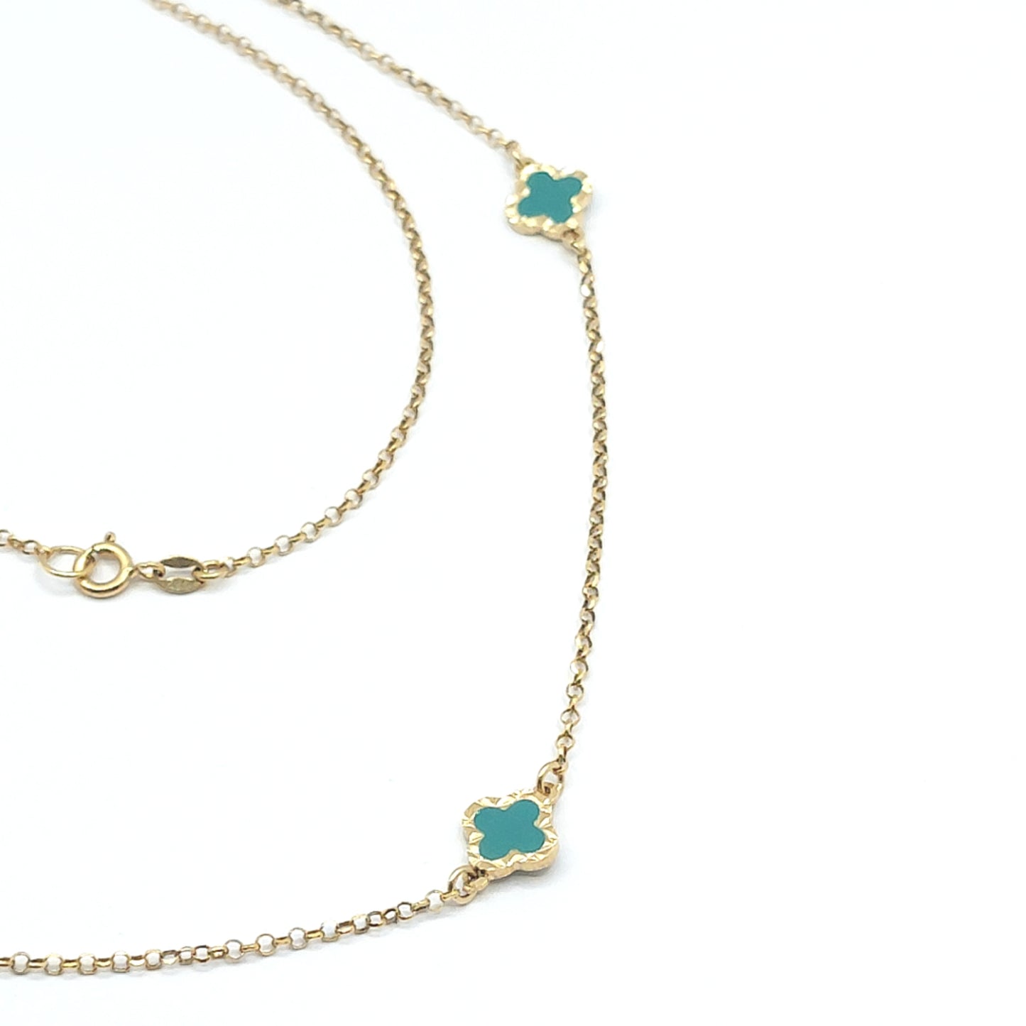 925 yellow gold blue enamel clover long necklace