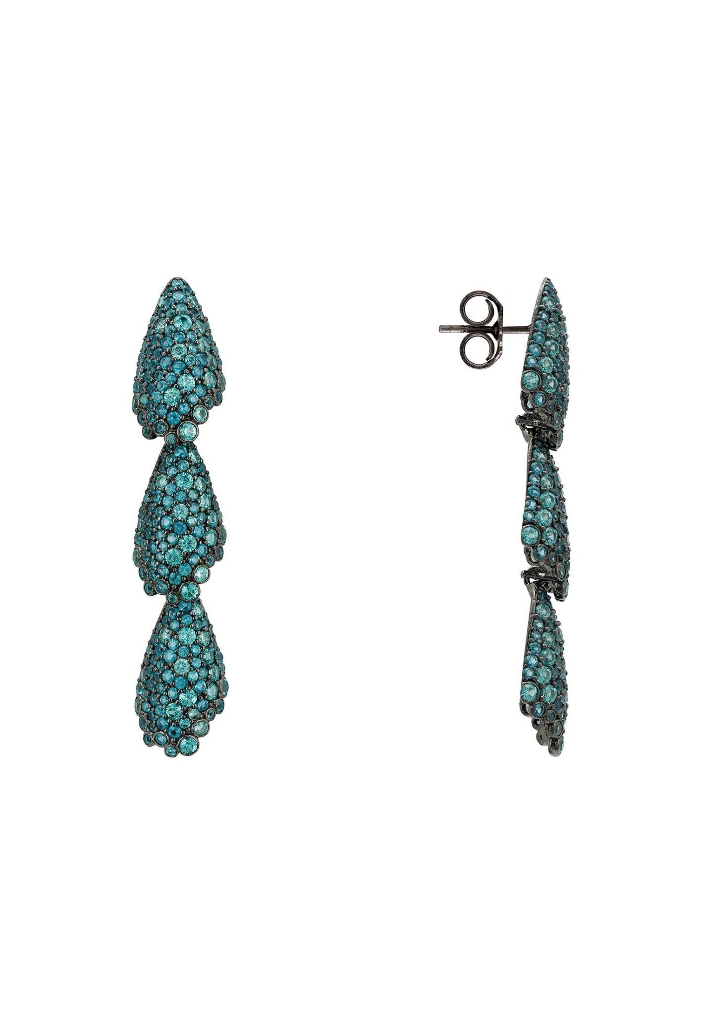 Aqua Colour Pavé Set Long Drop Oxidised Silver Earrings