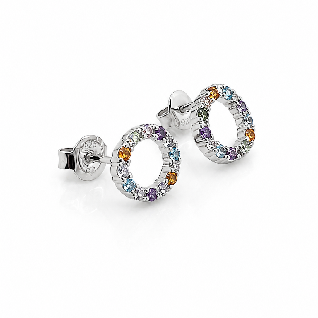 Multi coloured cubic zirconia circle earrings in sterling silver