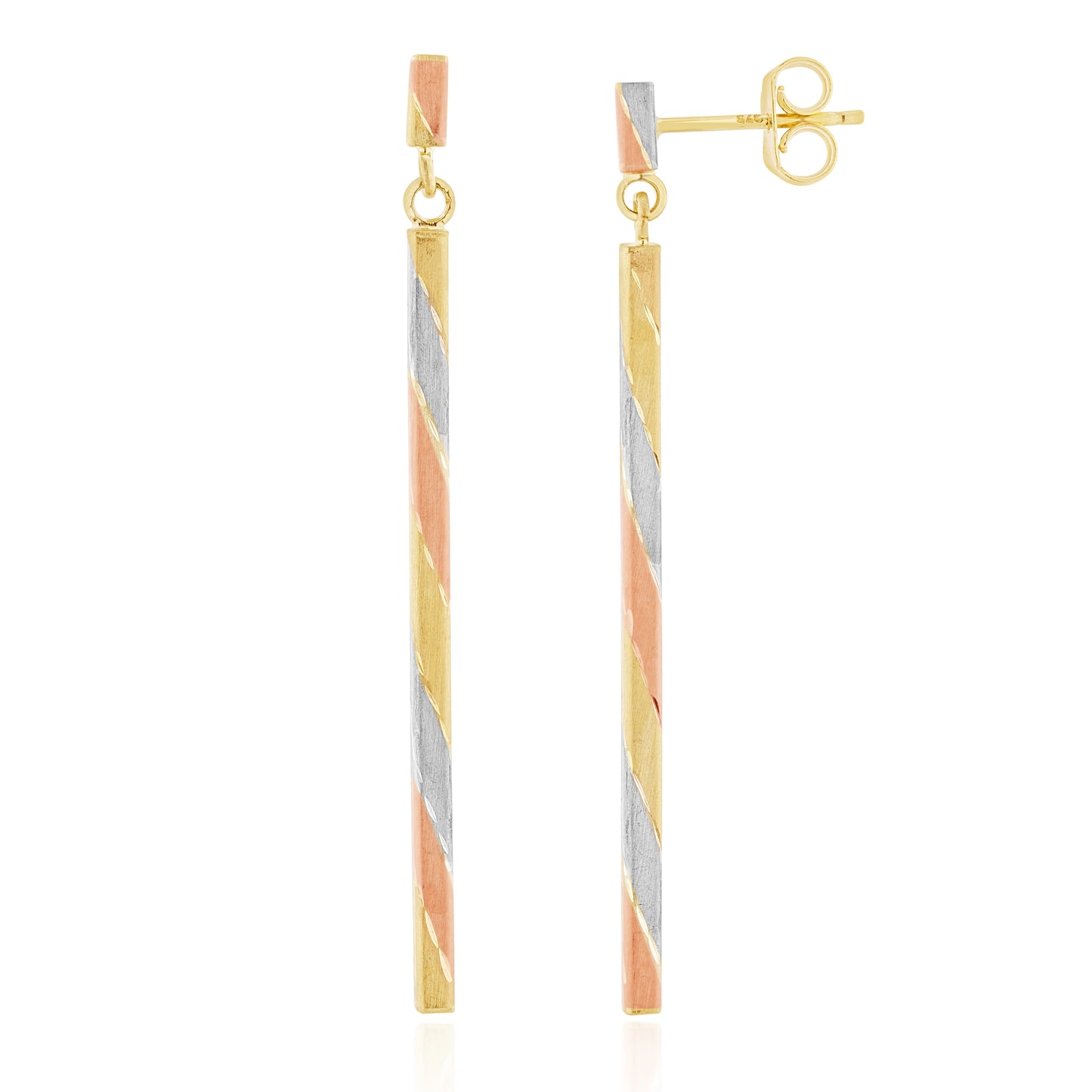 Three Tone 9ct Gold Satin Stripe Square Column Drop Earrings 50mm