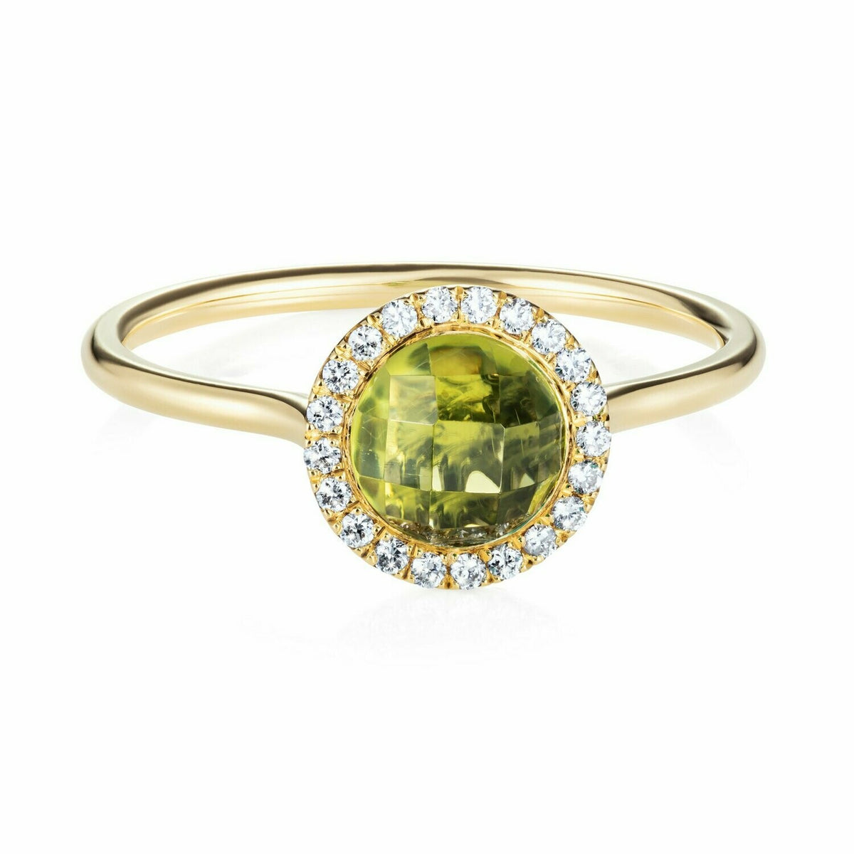 Checkerboard Peridot Diamond Halo Ring 18ct Yellow Gold