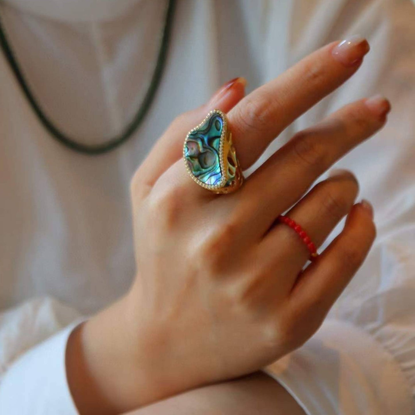 Gold Vermeil Adjustable Ocean Wave Design Shell Statement Ring