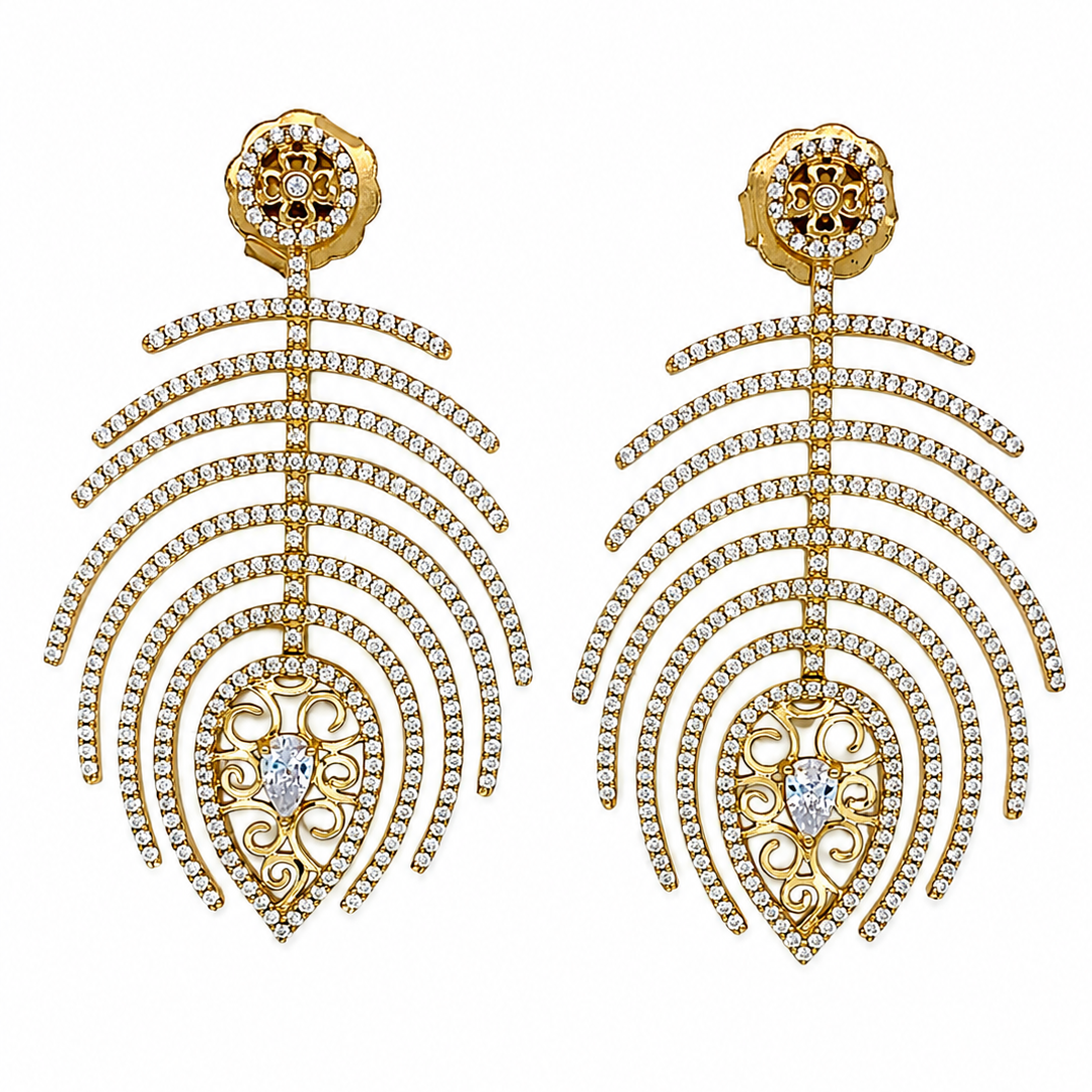 9ct gold plated 925 Silver Peacock drop earrings with cubic zirconias