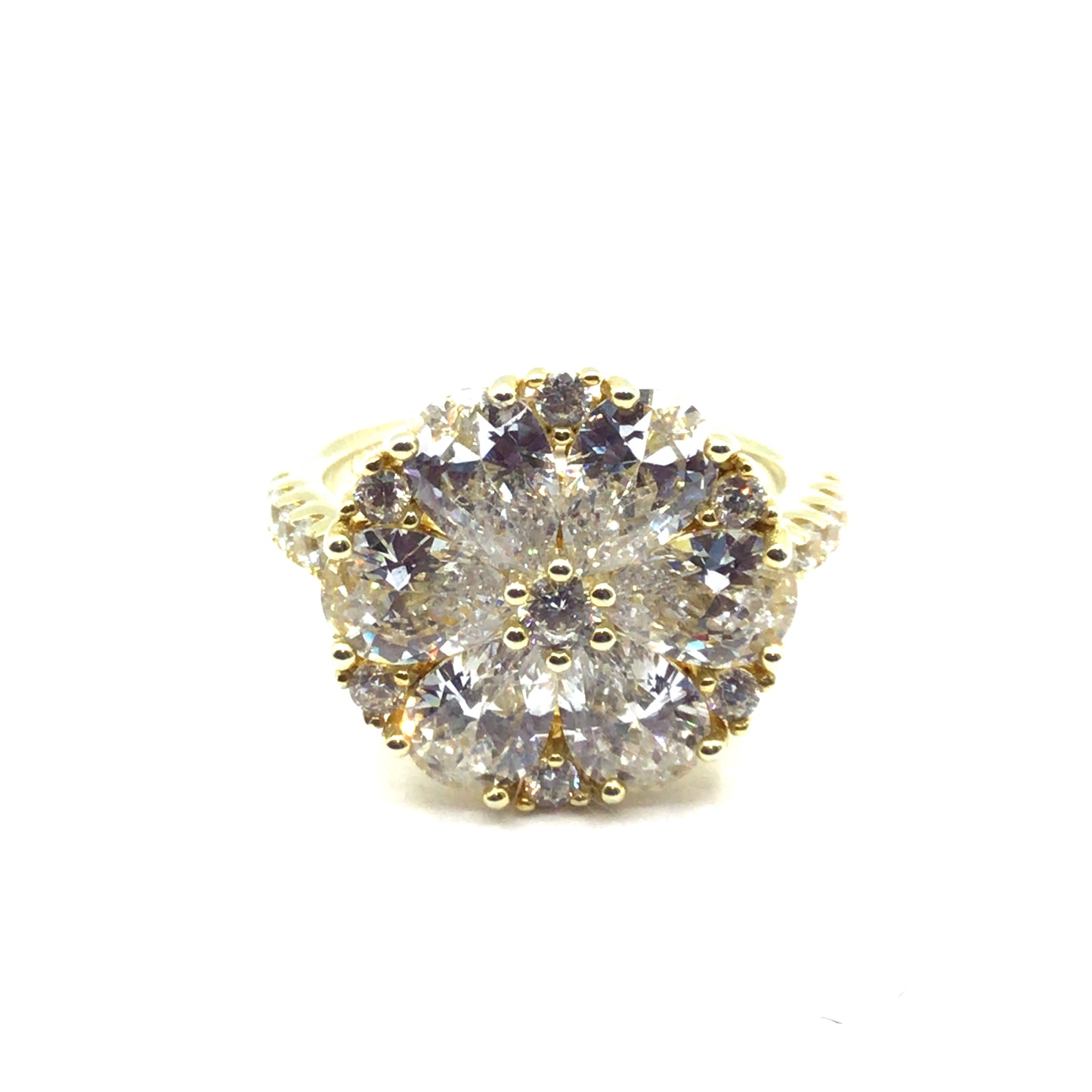 925 yellow gold large flower cz ring