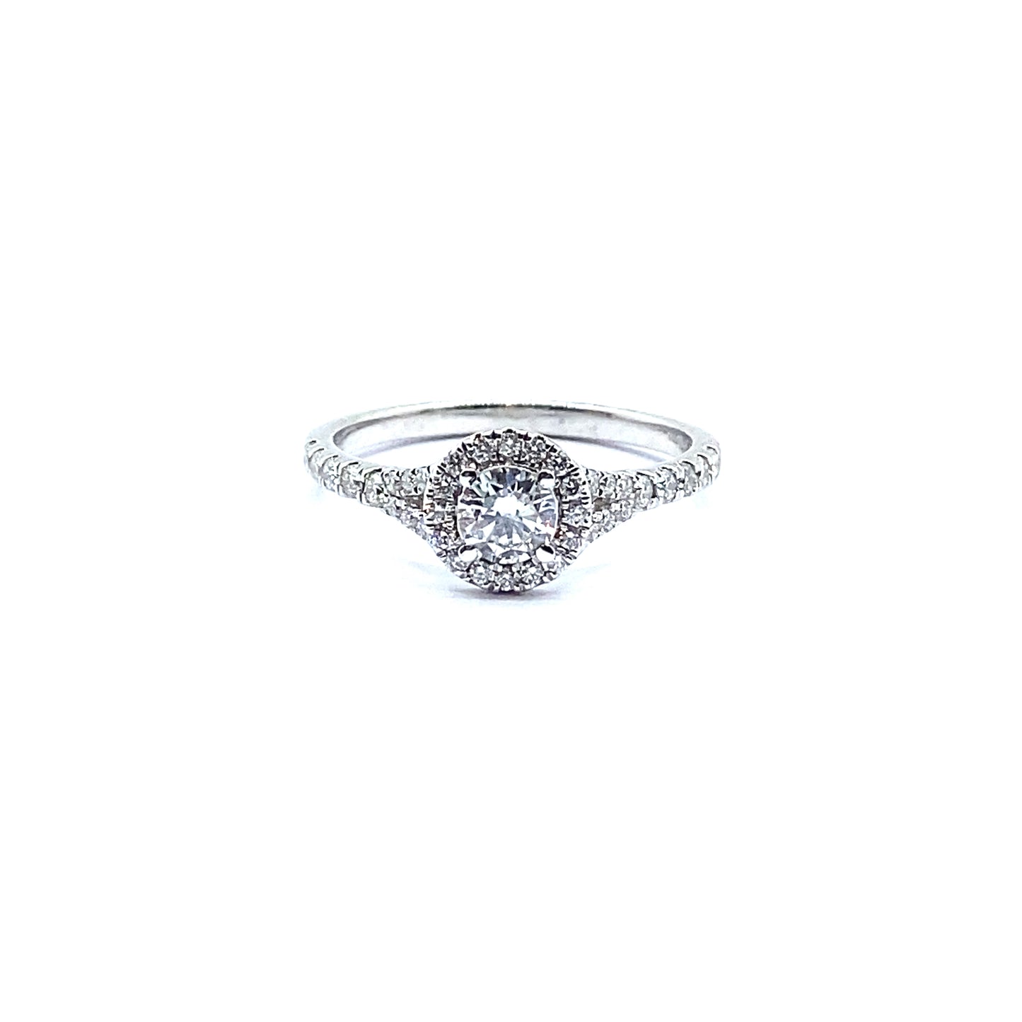 Round Brilliant Halo Ring with Diamond Set Split Shoulders in 18ct White Gold