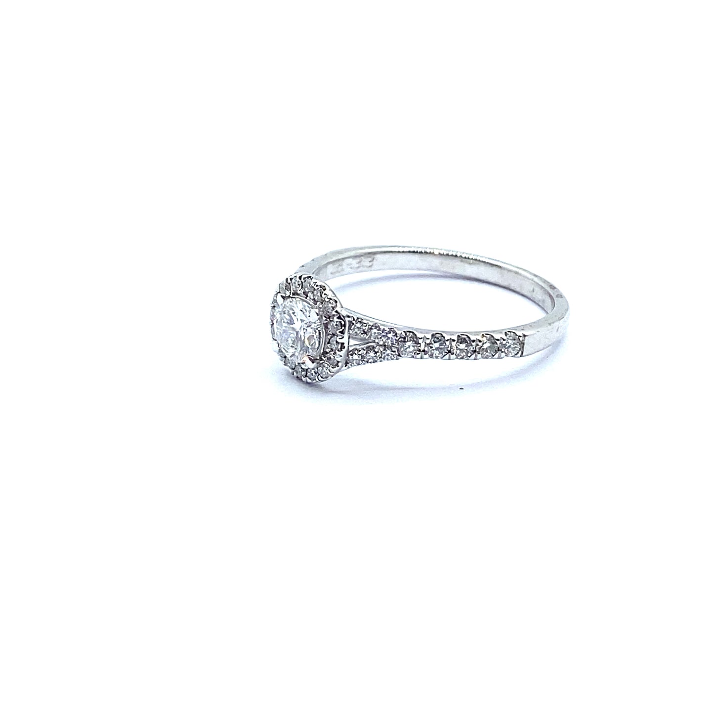 Round Brilliant Halo Ring with Diamond Set Split Shoulders in 18ct White Gold