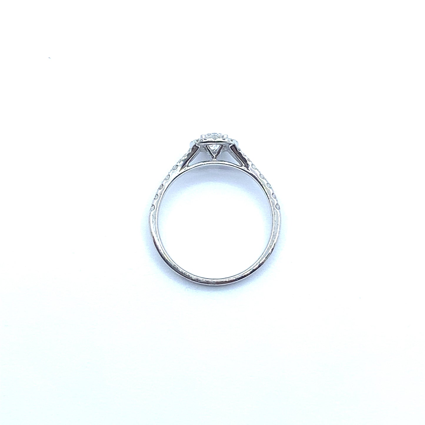Round Brilliant Halo Ring with Diamond Set Split Shoulders in 18ct White Gold