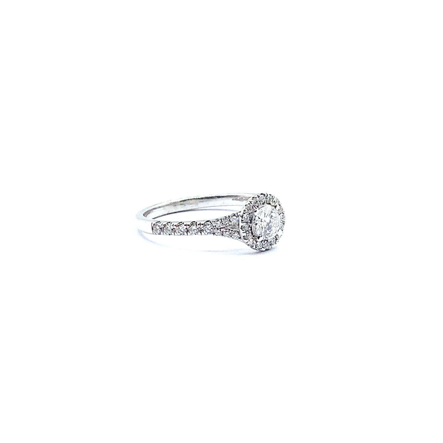 Round Brilliant Halo Ring with Diamond Set Split Shoulders in 18ct White Gold