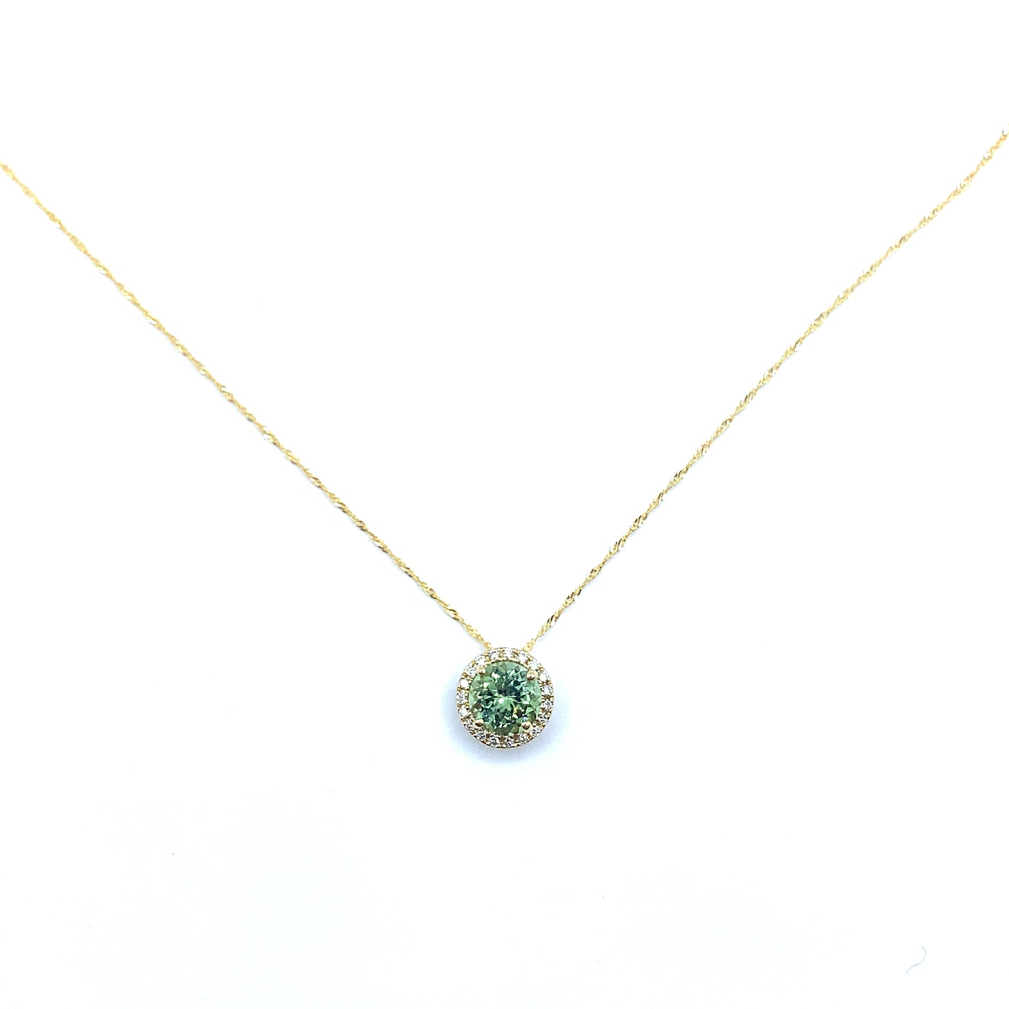 Green Tourmaline, 18ct Gold Round Brilliant Cut Diamond Halo Pendant