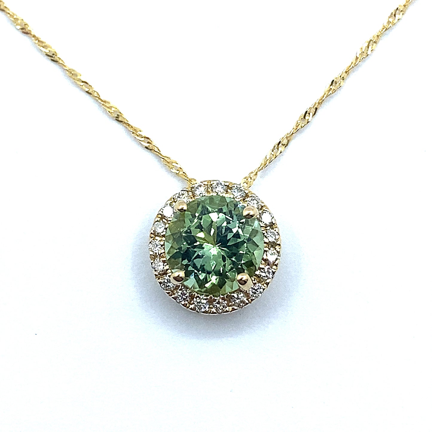 Green Tourmaline, 18ct Gold Round Brilliant Cut Diamond Halo Pendant