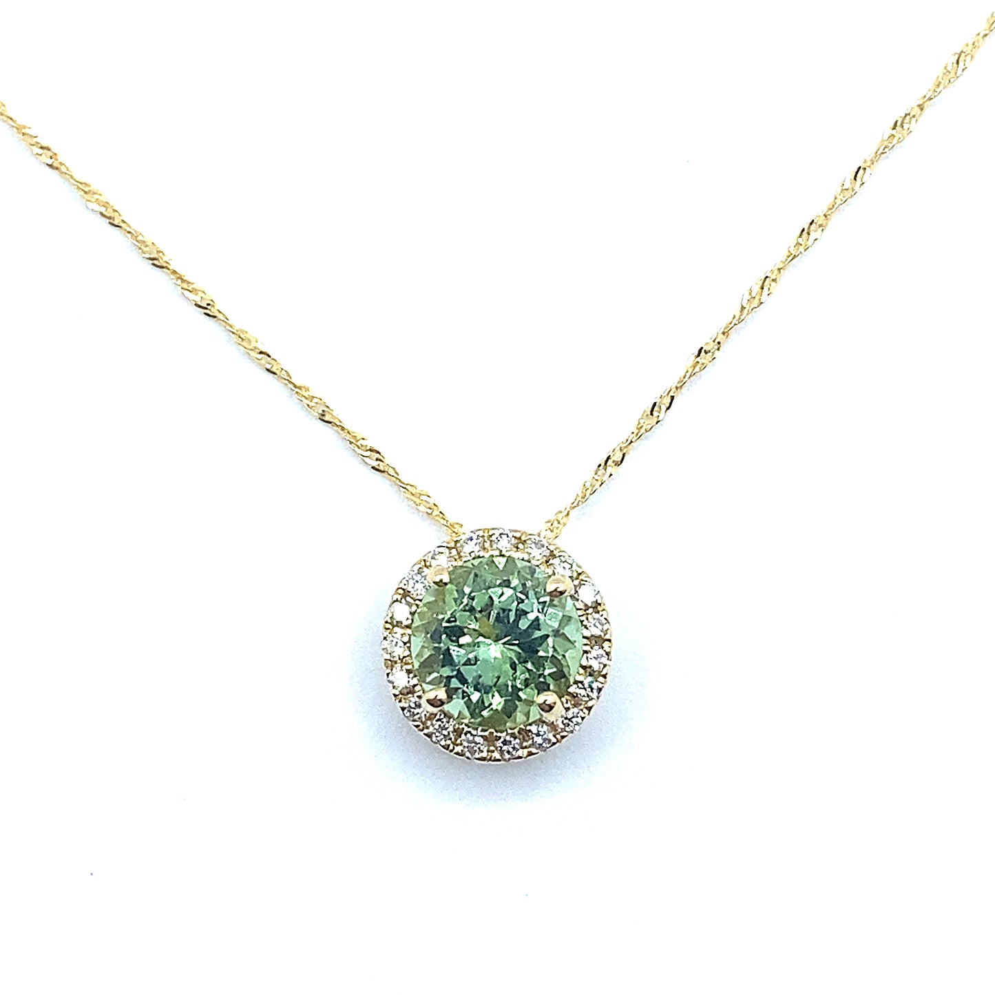Green Tourmaline, 18ct Gold Round Brilliant Cut Diamond Halo Pendant