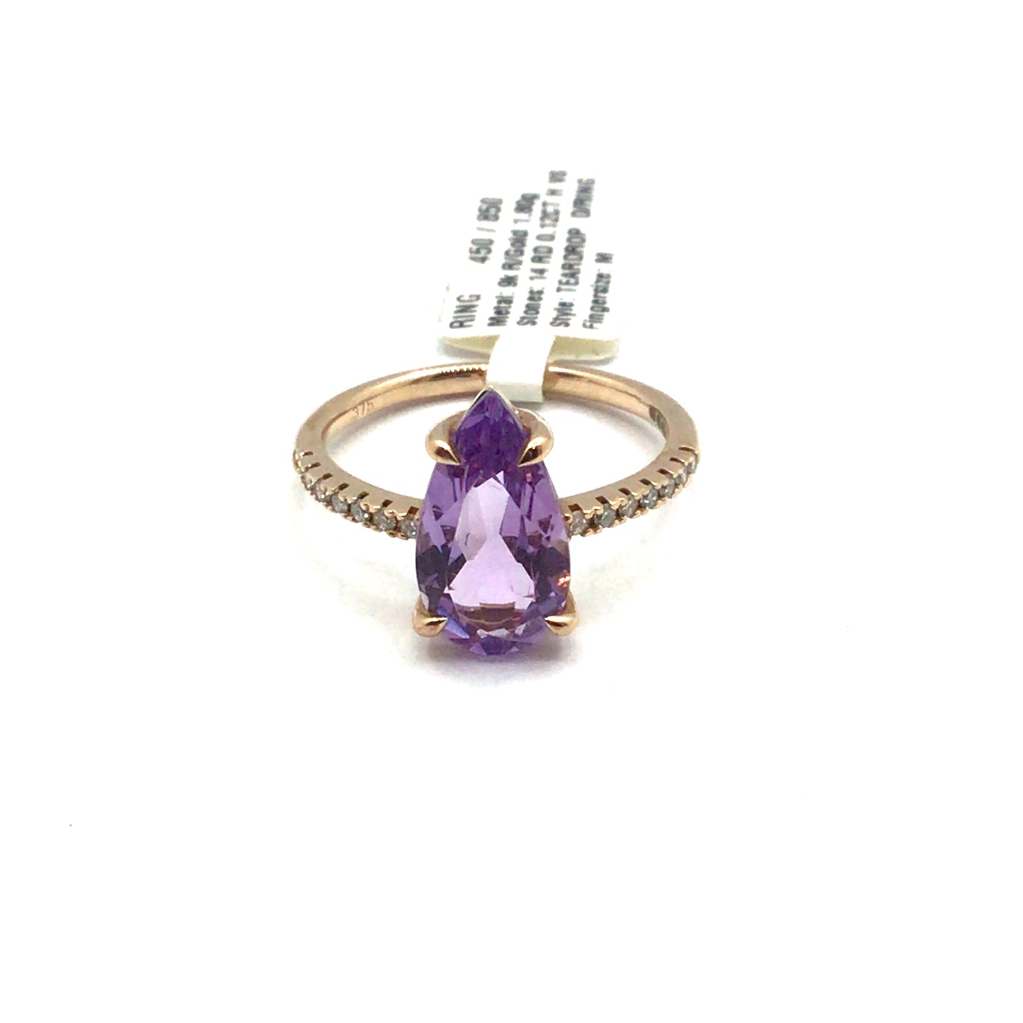 9ct Rose Gold Pear Cut Amethyst and Diamonds Ring