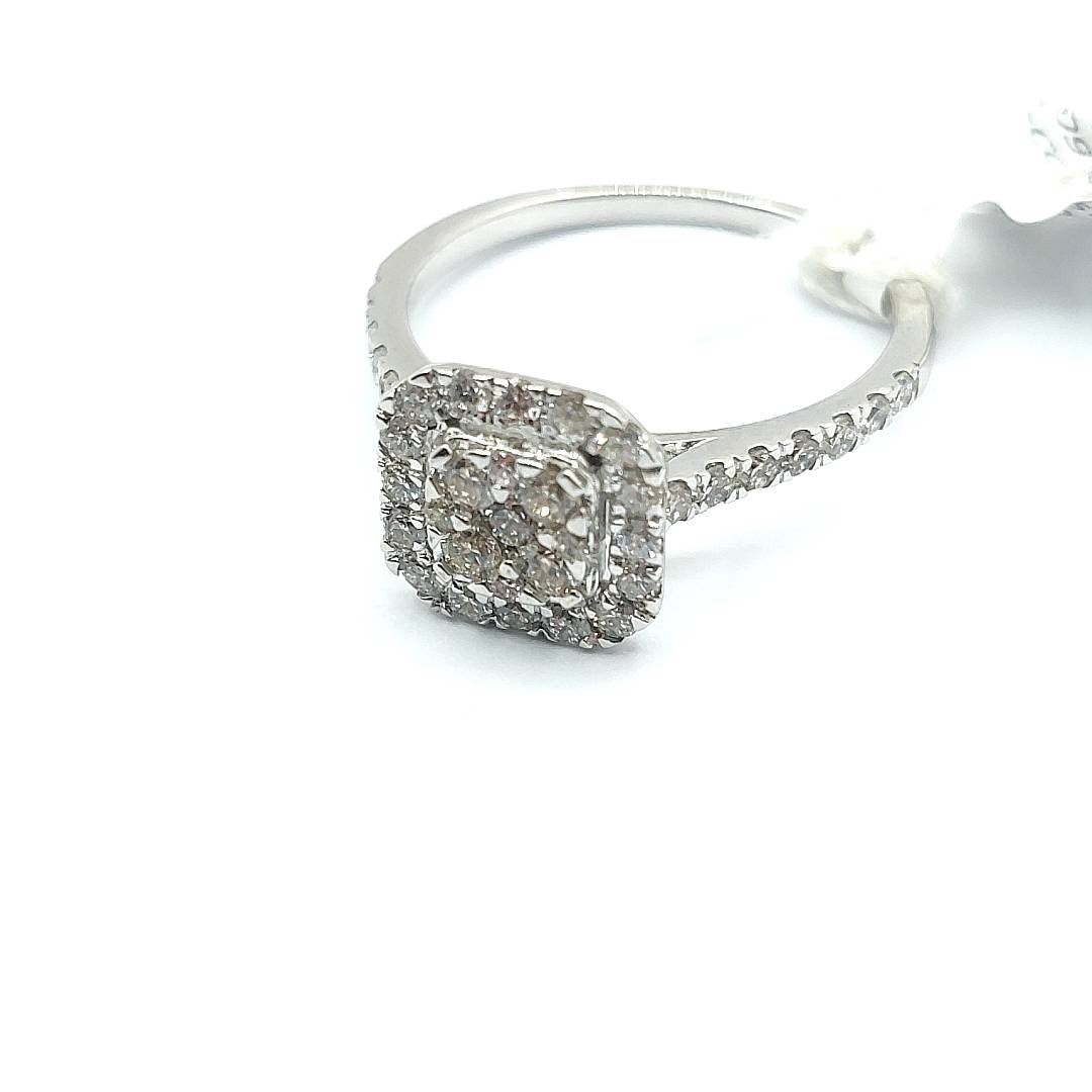 18ct White Gold Ring Round Cut Diamonds set in a Cushion Halo Shaped Head and Semi-set Shoulders