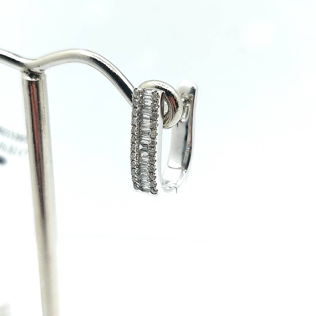 18ct White Gold Baguette and Round Cut Diamond Huggy Earrings