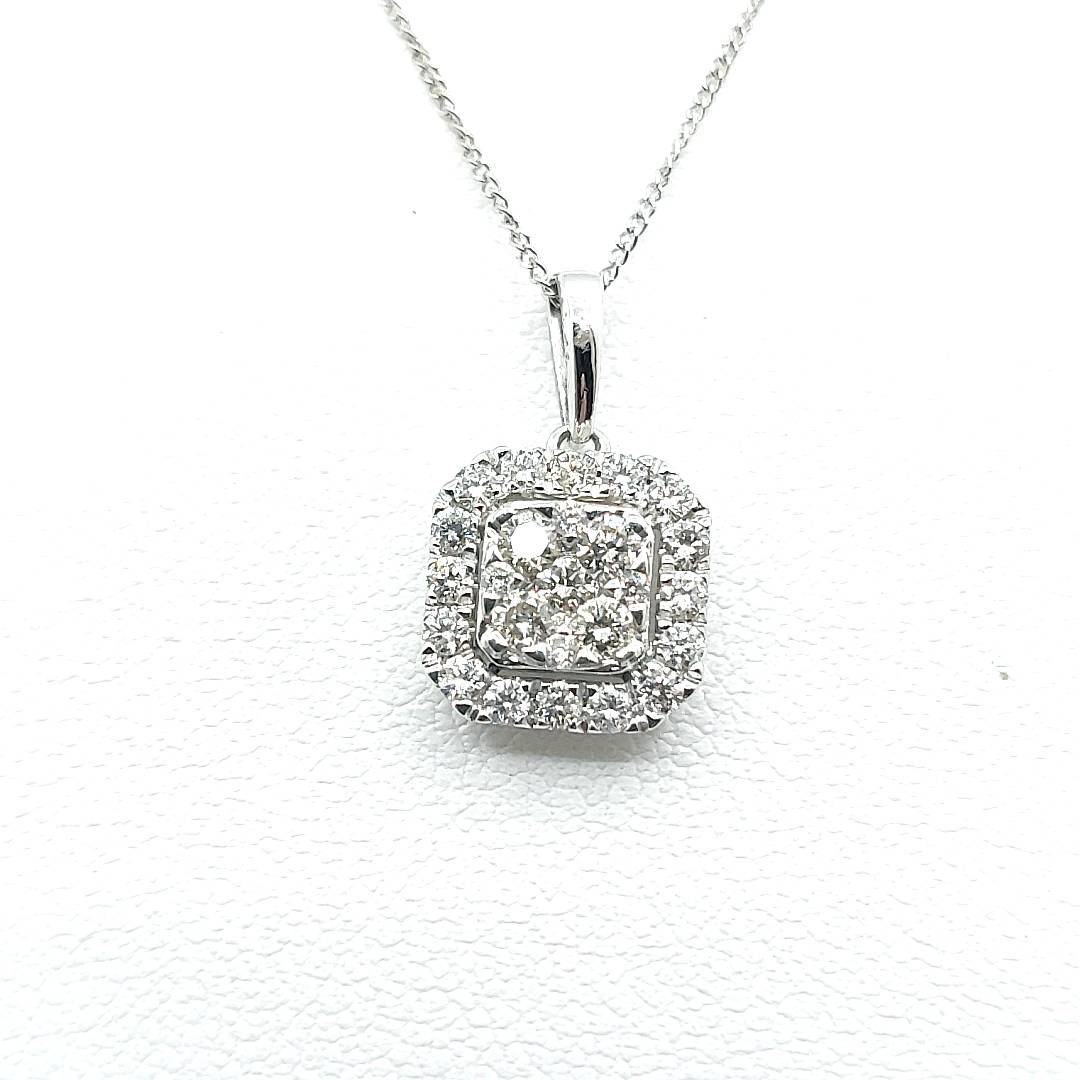 18ct White Gold Cluster Diamond Halo Pendant Cushion Shaped