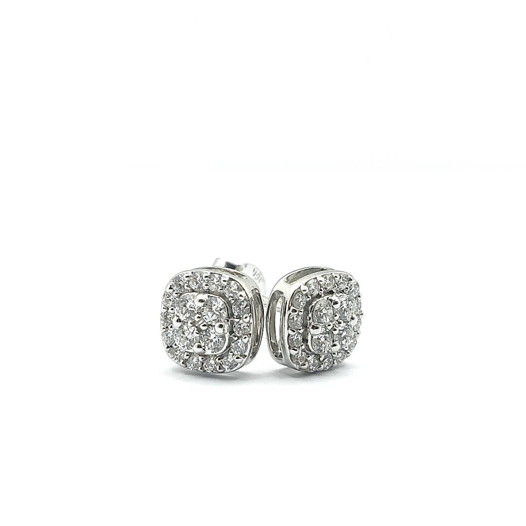 18ct White Gold Diamond Cluster Halo Earrings Cushion Shaped