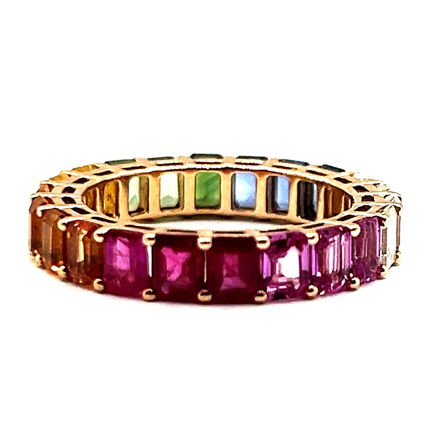 18ct Rose Gold Rainbow Sapphire Diamond and Ruby Emerald Cut Full Eternity Band