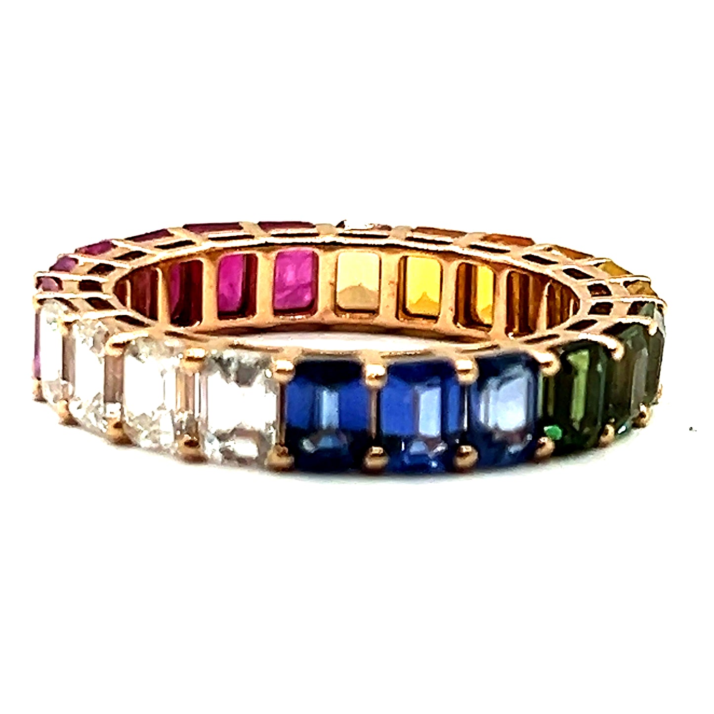 18ct Rose Gold Rainbow Sapphire Diamond and Ruby Emerald Cut Full Eternity Band
