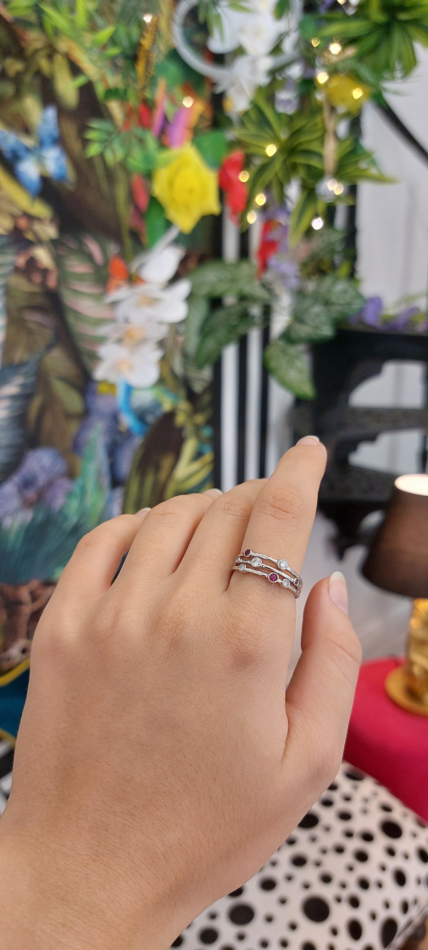 Diamond and Ruby Bezel Set, 9ct White Gold "Bubble" Ring