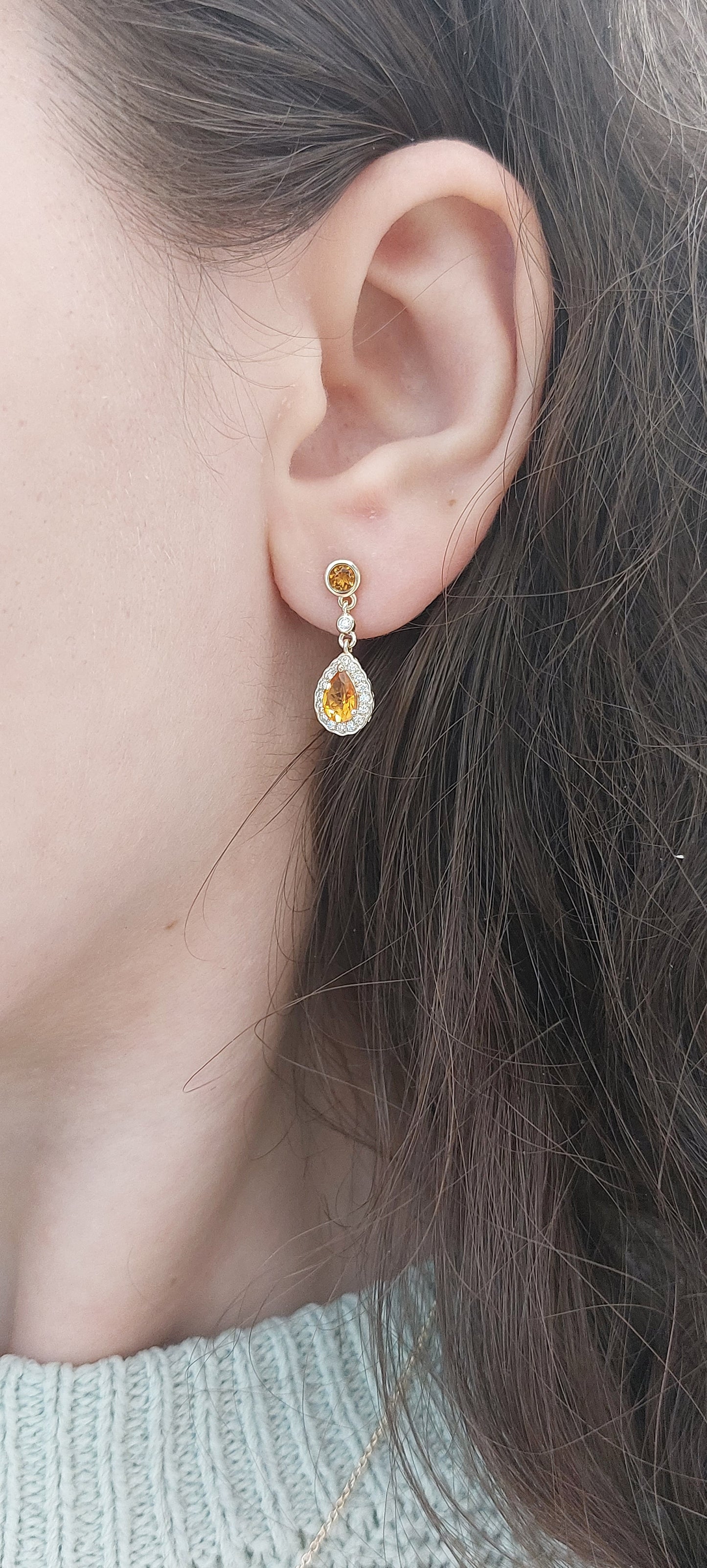 9ct Yellow Gold Diamond and Citrine Pear Cut Drop Earrings