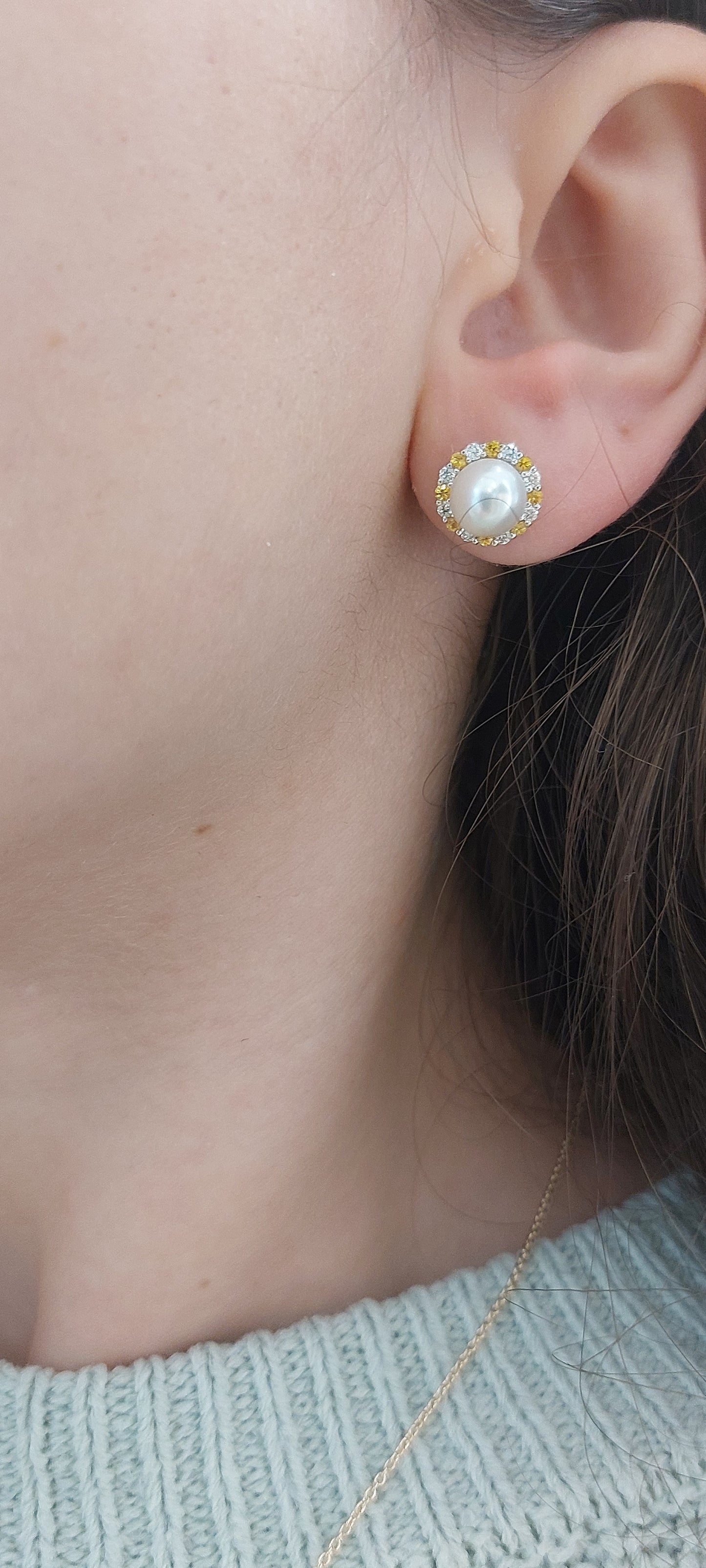 9ct White Gold Diamond and Yellow Sapphire Pearl Earrings