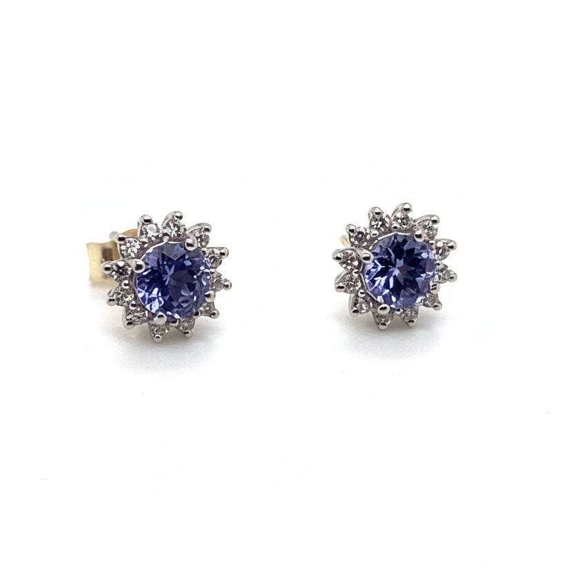 9ct White Gold Round Tanzanite and Diamond Halo Stud Earrings