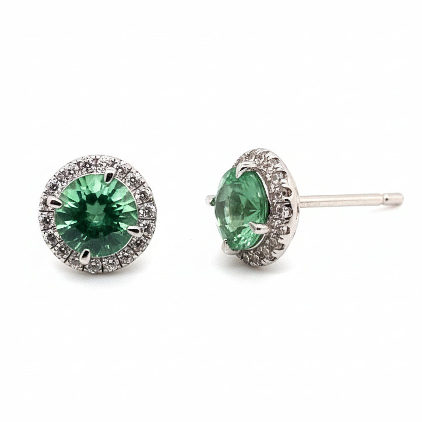 Round Brilliant Cut Green Obsidian and Cubic Zirconia Halo Stud Earrings