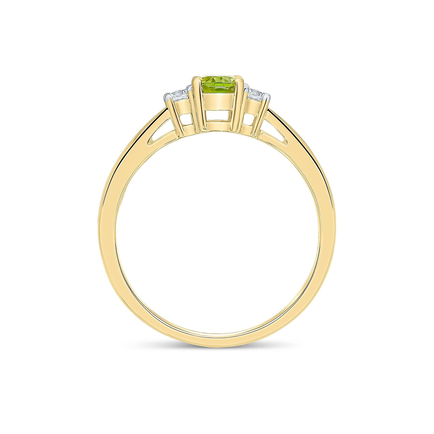 Oval Peridot & Round Diamond Claw Three Stone Ring in 9ct Yellow Gold