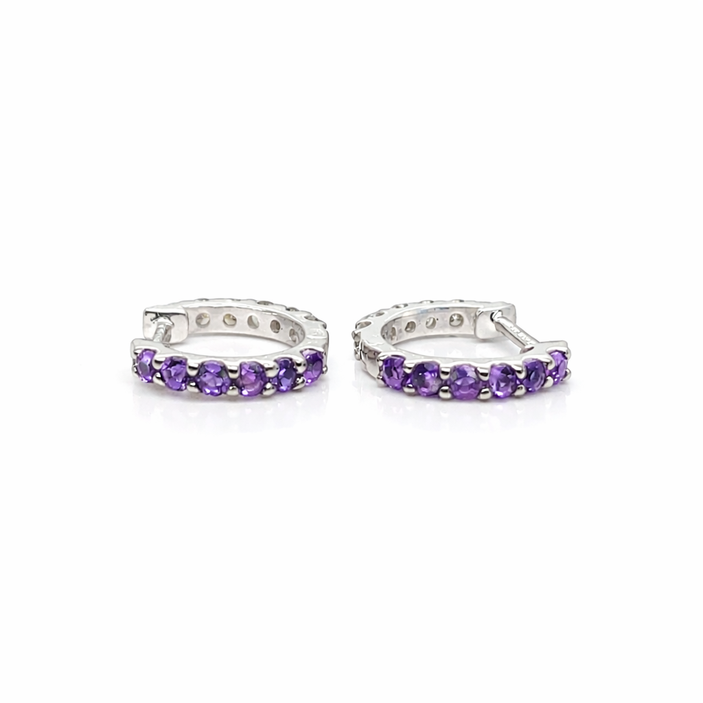 9ct Amethyst and Diamond White Gold Huggie Hoop Earrings