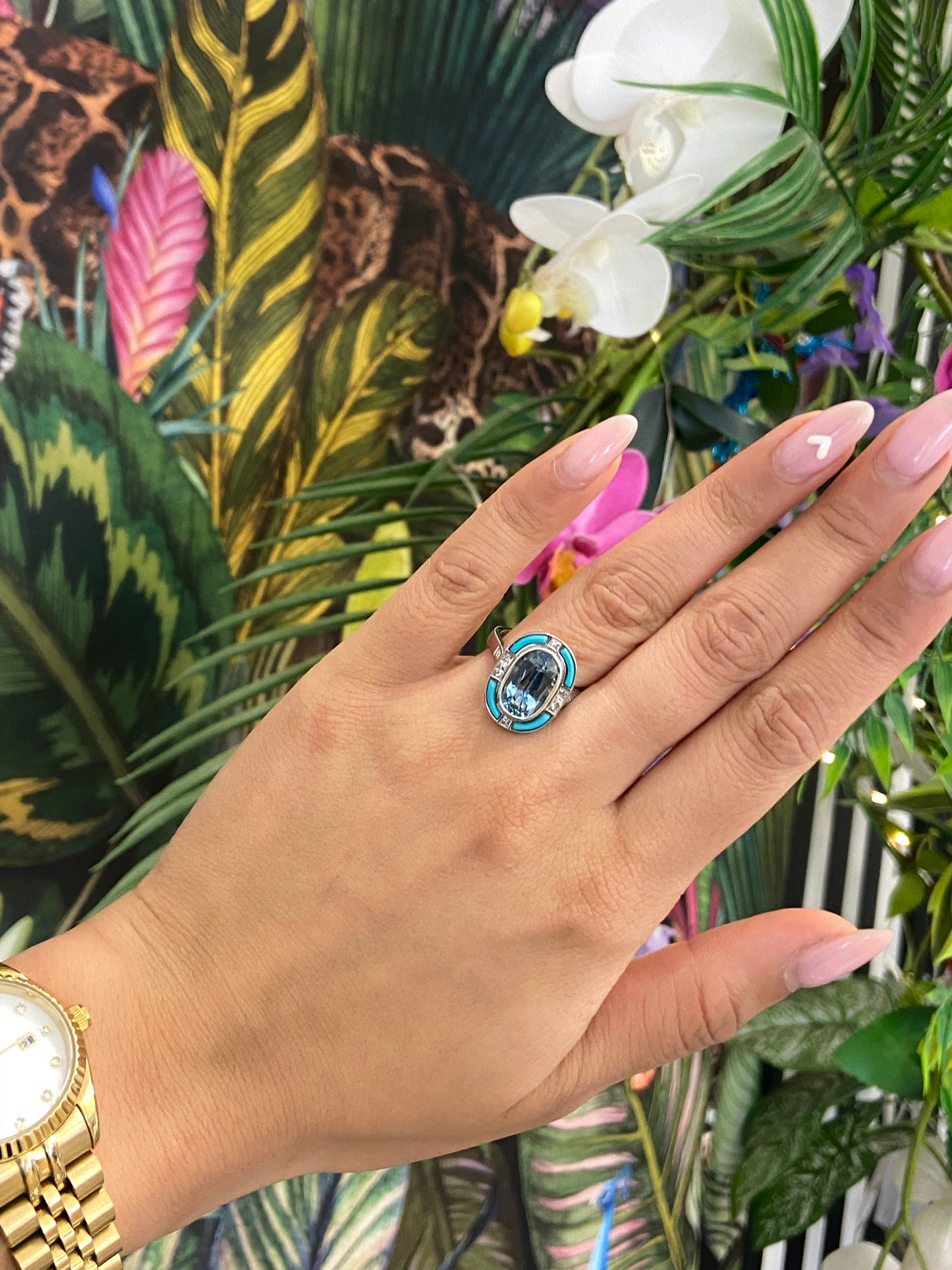 Aquamarine, Diamond and Turquoise Halo Ring Platinum