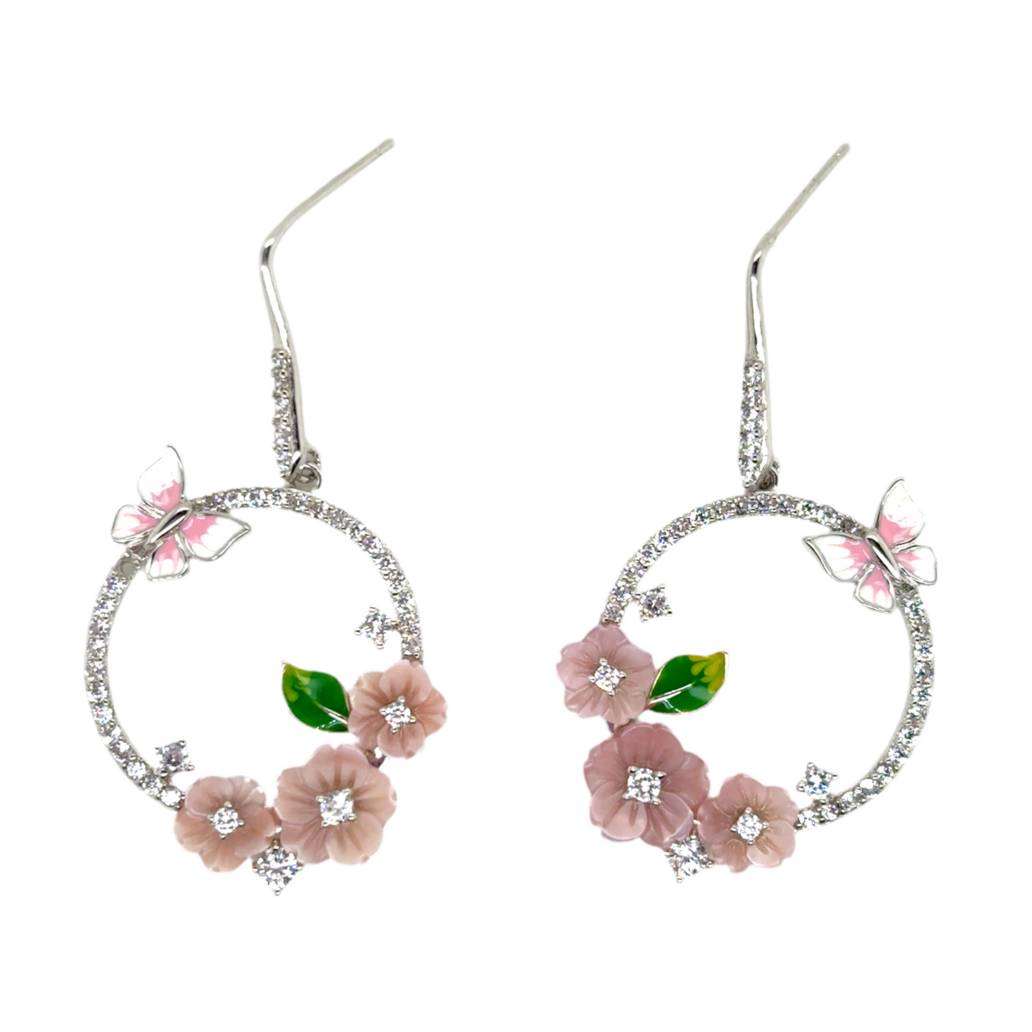 925 Silver pink flower and butterfly set (Necklace,Ring, Earrings)