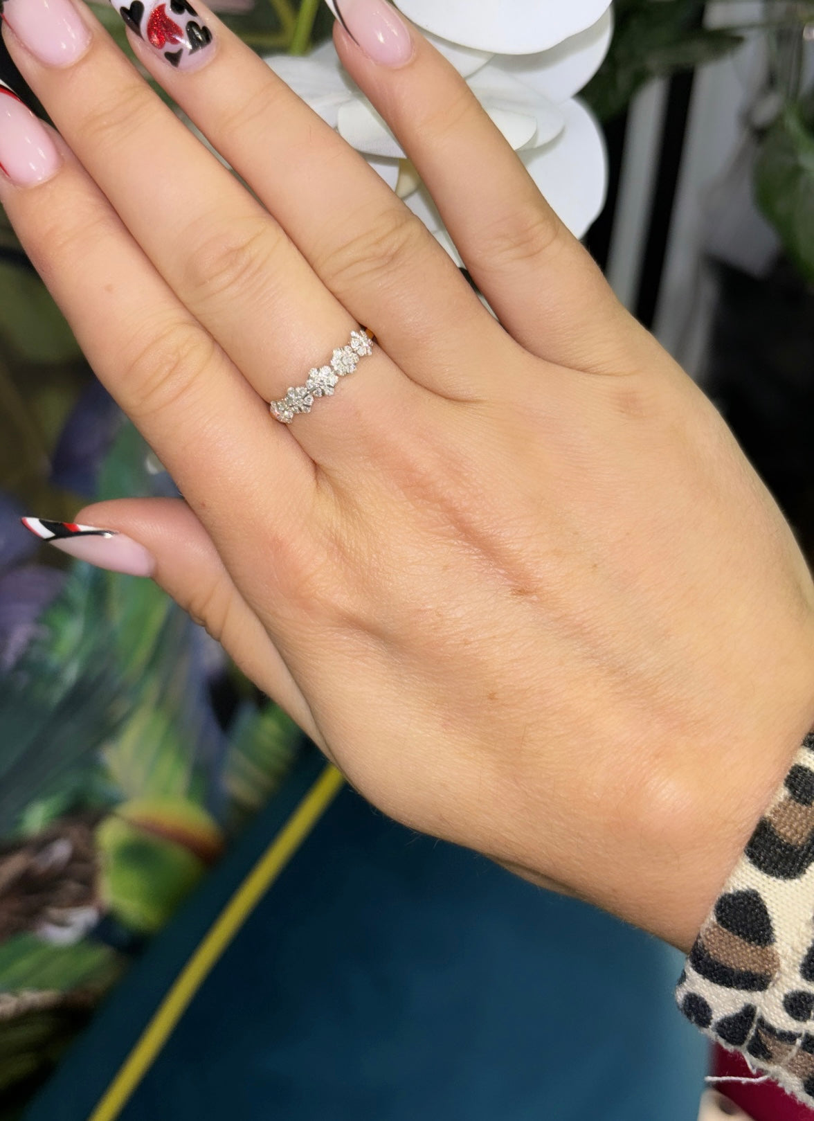 18ct Yellow Gold, 5 Floral Cluster Eternity Ring