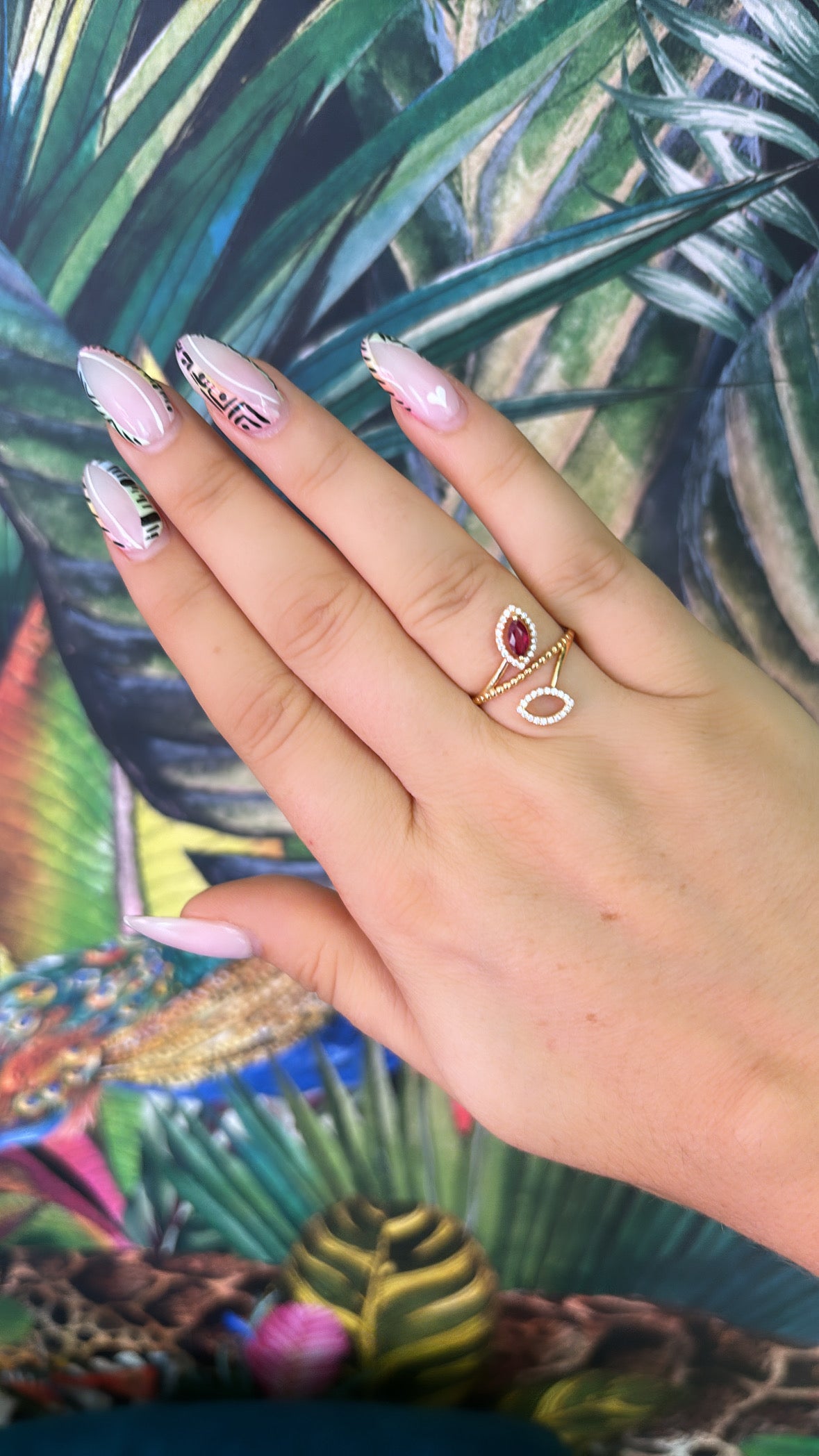 18ct Rose Gold Ruby and Diamond Leaf Motiff Ring