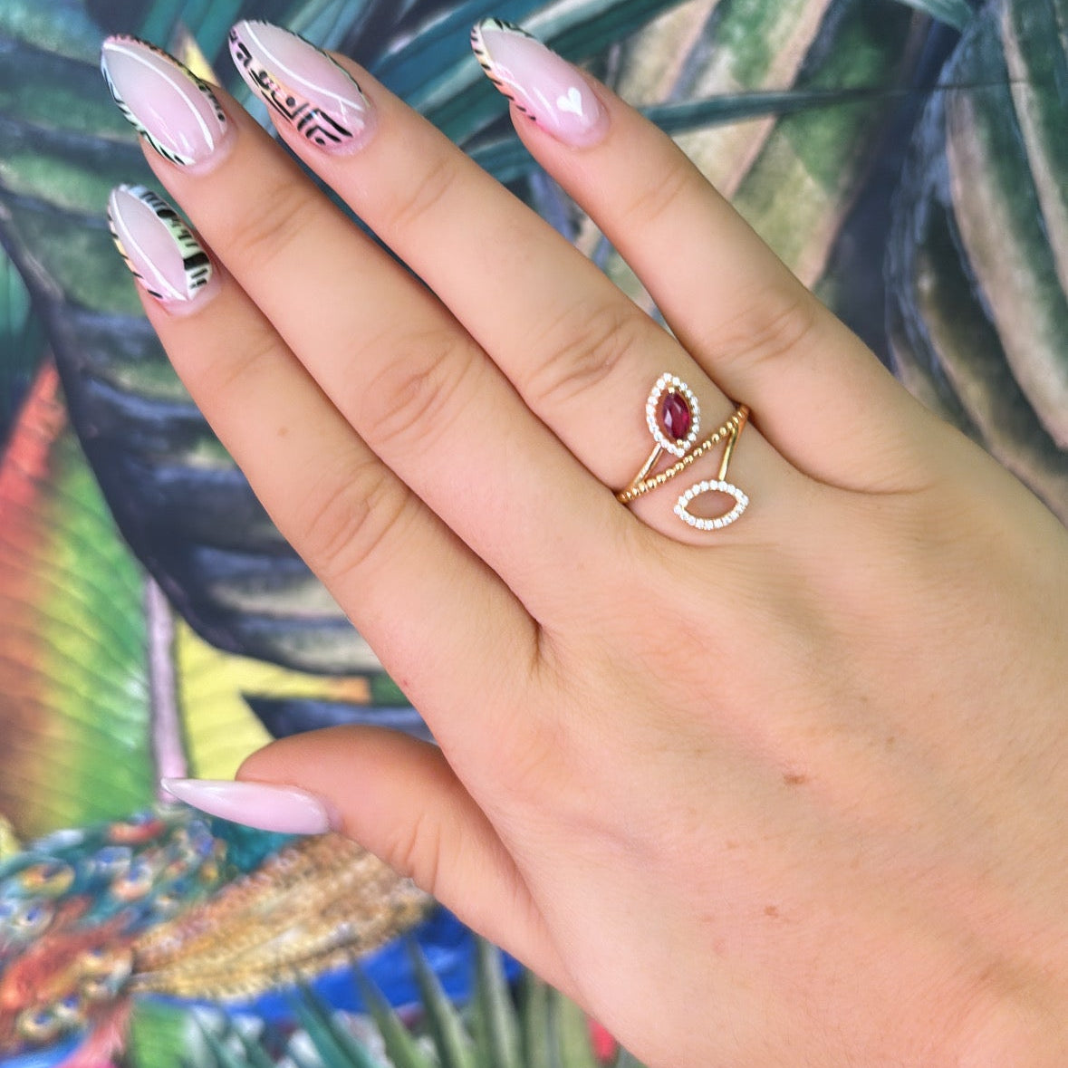 18ct Rose Gold Ruby and Diamond Leaf Motif Ring