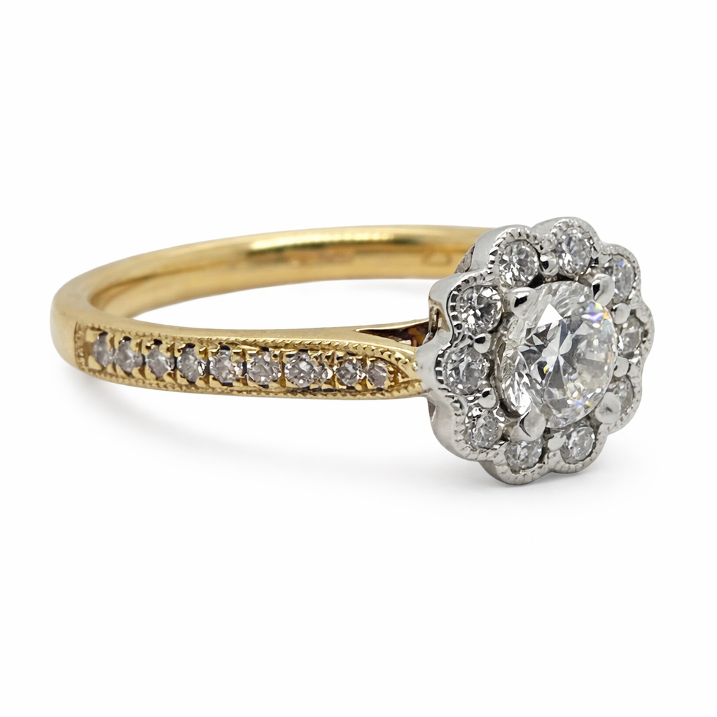 Natural Round Brilliant Diamond Halo Scallop Set Ring in 18ct Yellow and White Gold