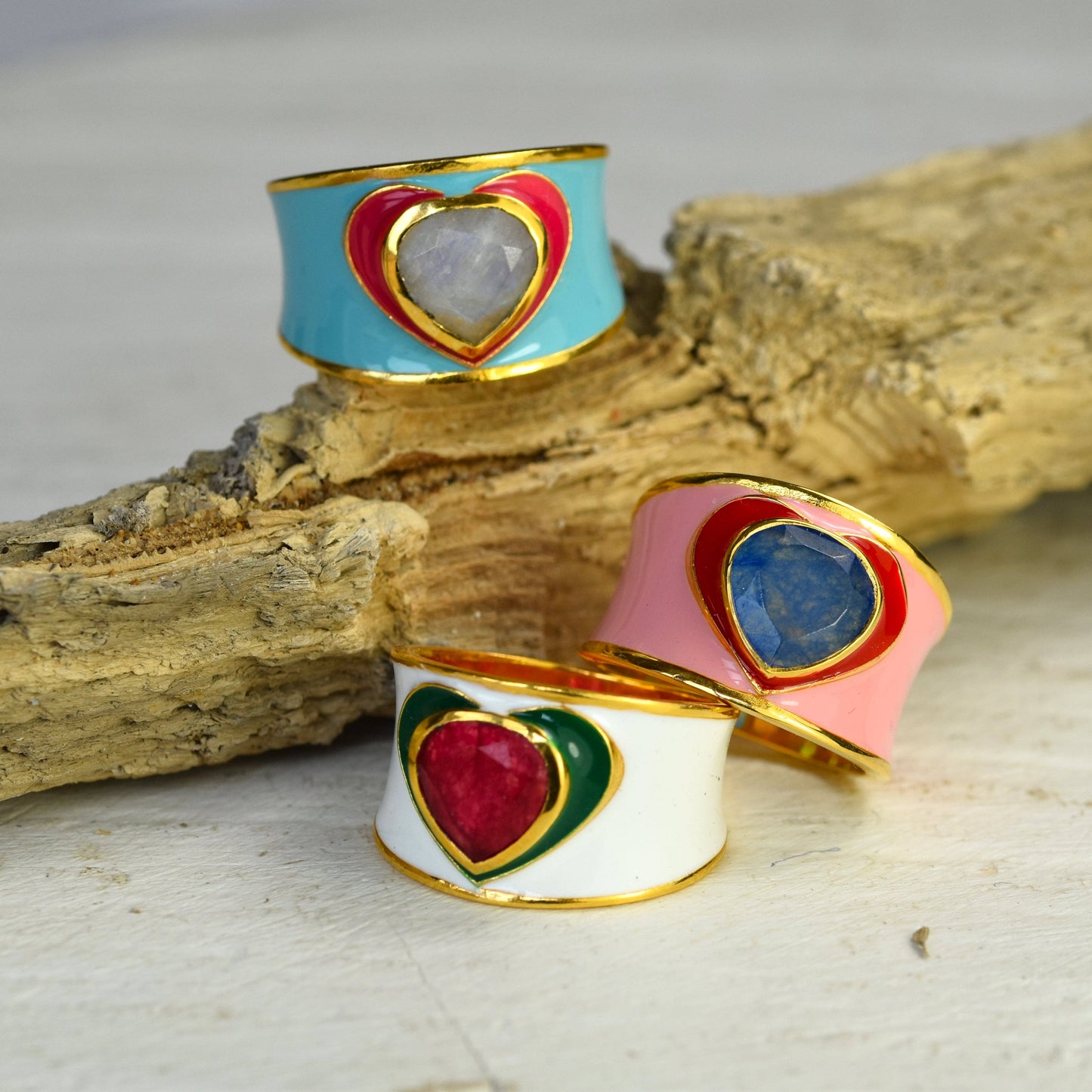 Love Heart Ring in White Enamel with Fuschia Chalcedony Gemstone