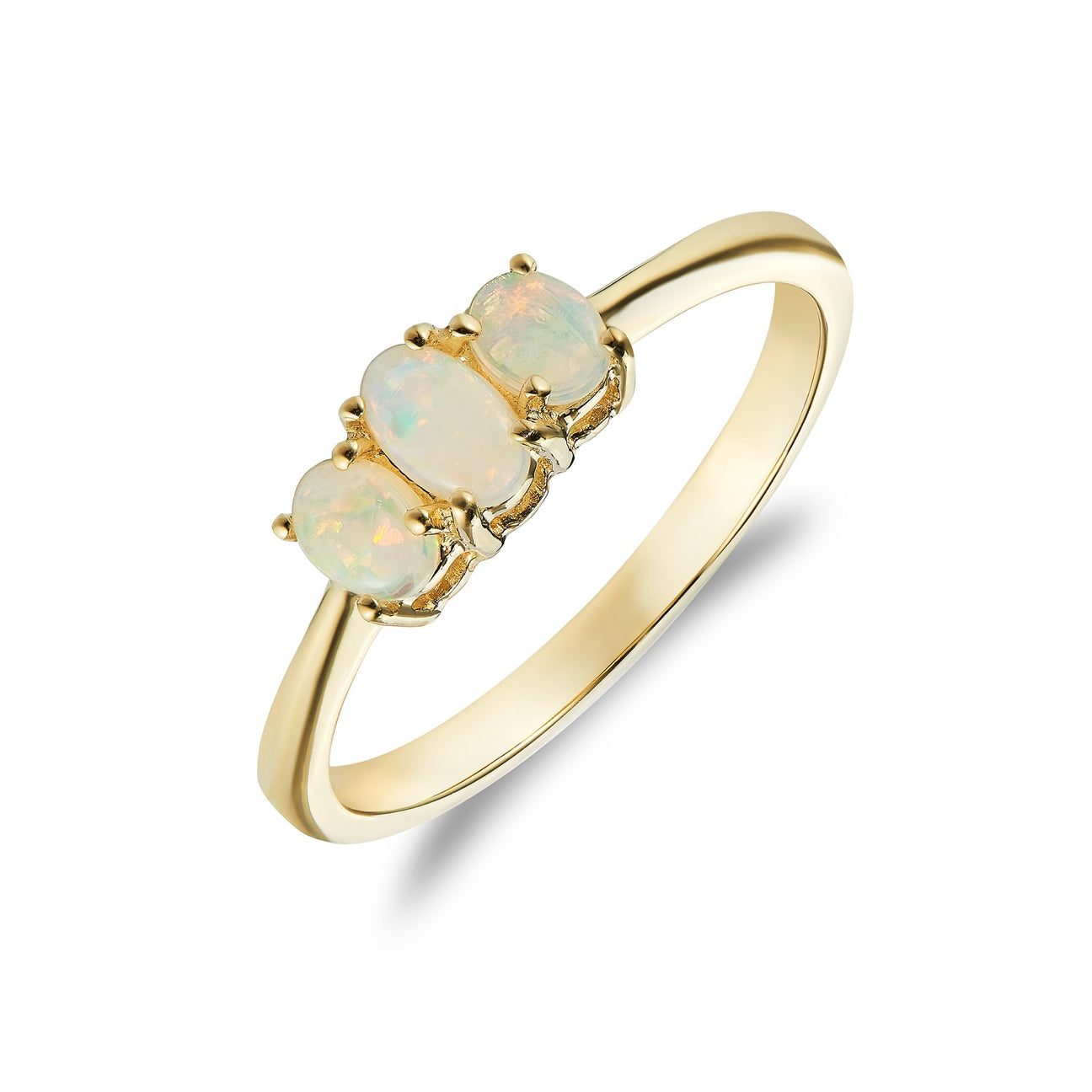 Three Stone Oval Cut Opal Ring in 9ct Yellow Gold