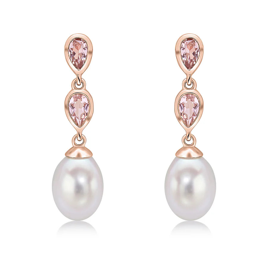 9CT Rose Gold Pearl & Morganite Double Drop Earrings