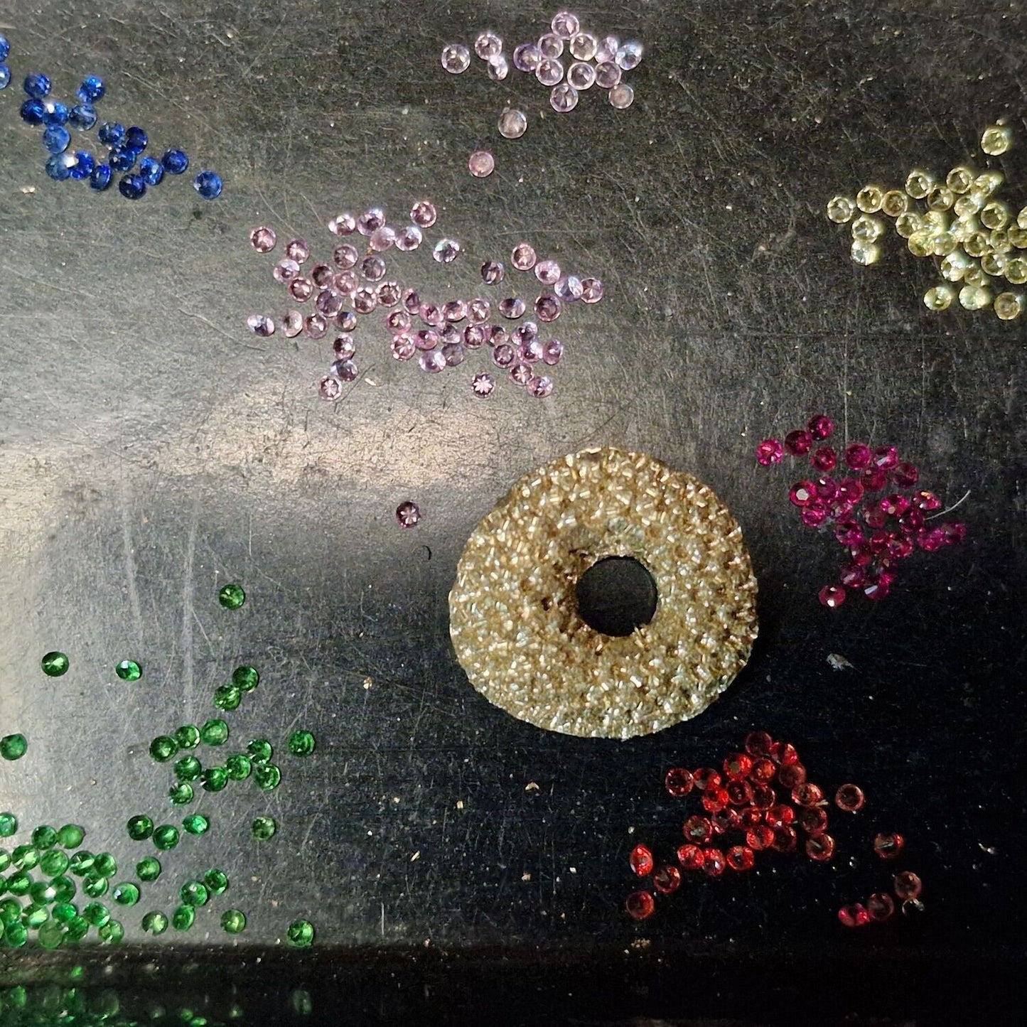 9ct Yellow Gold Diamond, Sapphire and Tsavorite Sprinkled Doughnut Pendant and Chain