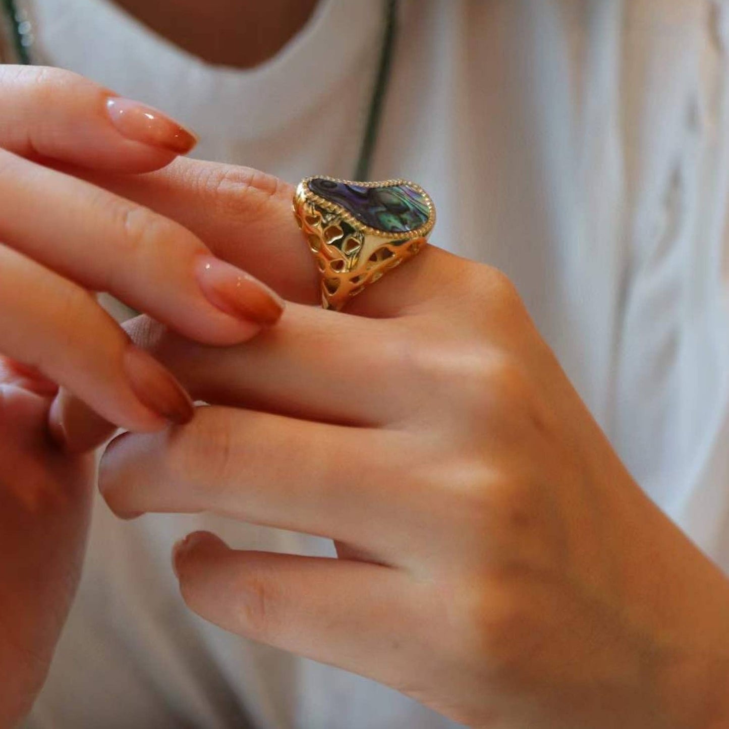 Gold Vermeil Adjustable Ocean Wave Design Shell Statement Ring