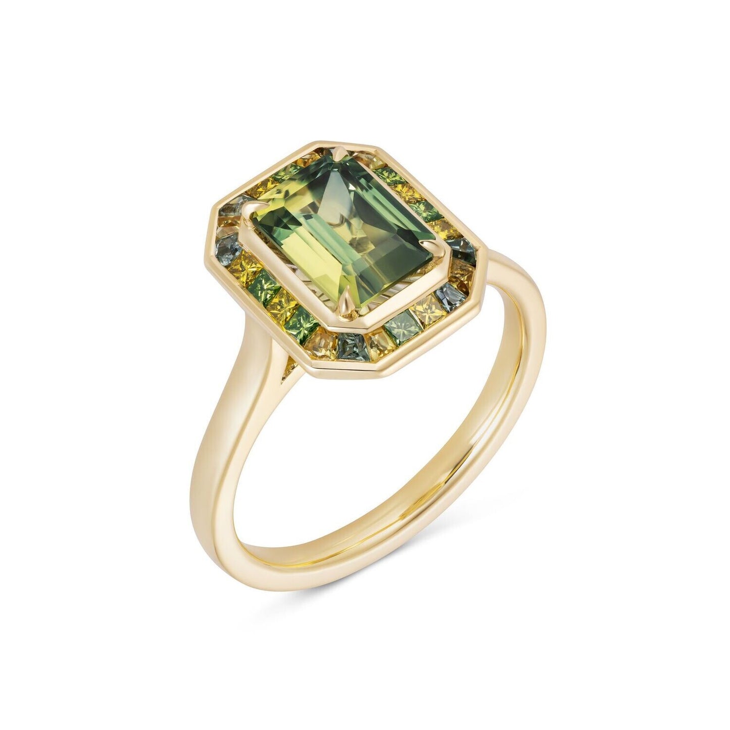 Bicolour Yellow Green Sapphire Diamond Halo Ring 18ct Yellow Gold Platinum