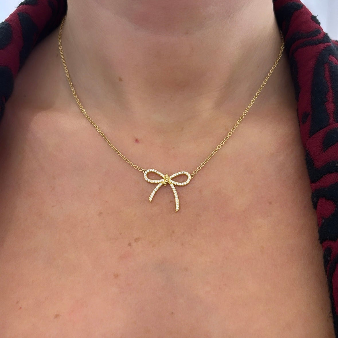 Bespoke Diamond Set Bow Pendant Necklace in 18ct Yellow Gold Adjustable Choker 14" to 16" Necklace