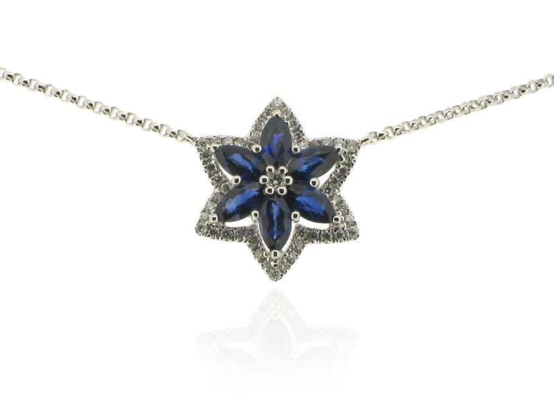 18ct White Gold Diamond & Blue Sapphire Floral Pendant