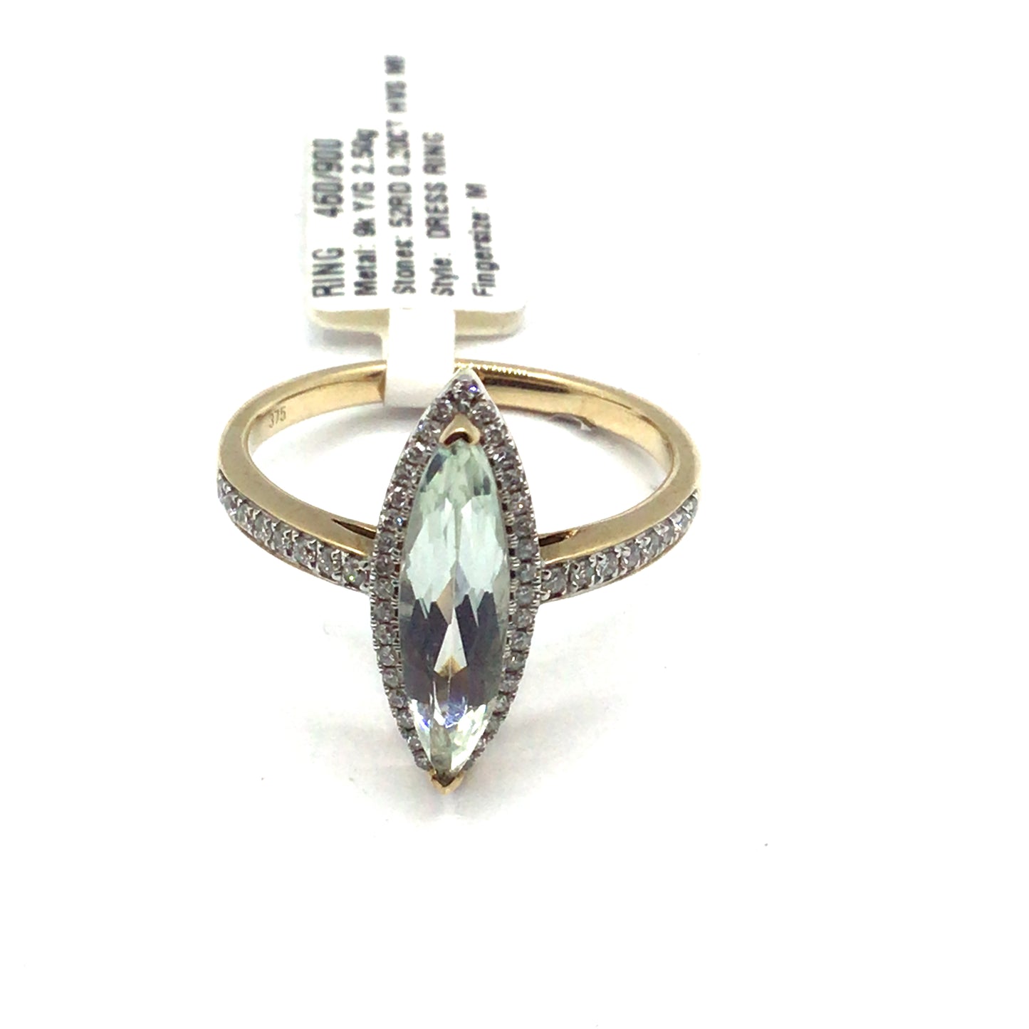 9ct Yellow Gold Marquise Cut Green Amethyst and Diamond Ring