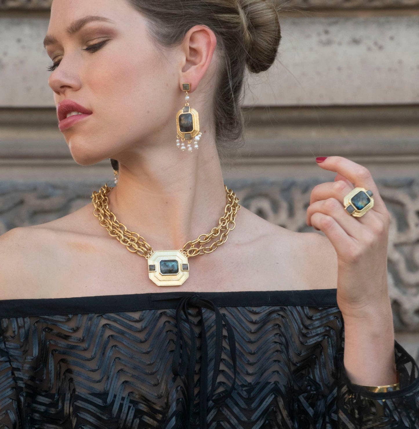 Gold Plated Labradorite Statement Ring