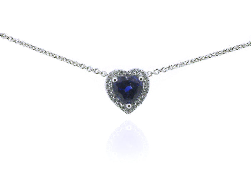 18ct White Gold Diamond & Blue Sapphire Heart Pendant